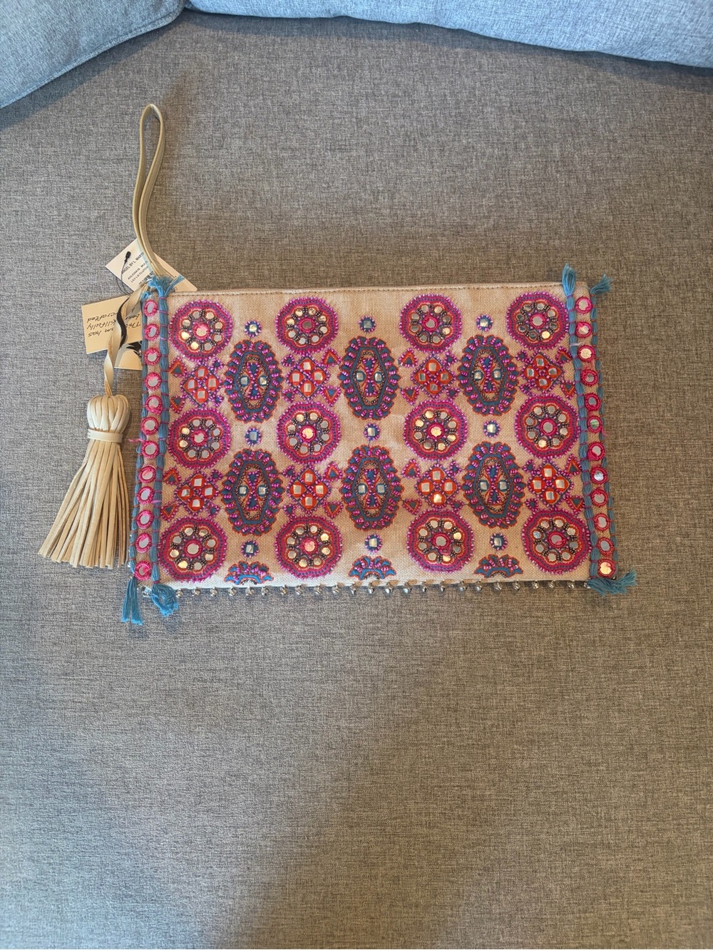 NWT L. Martino Angel Boho Embellished Jute Clutch Wristlet.